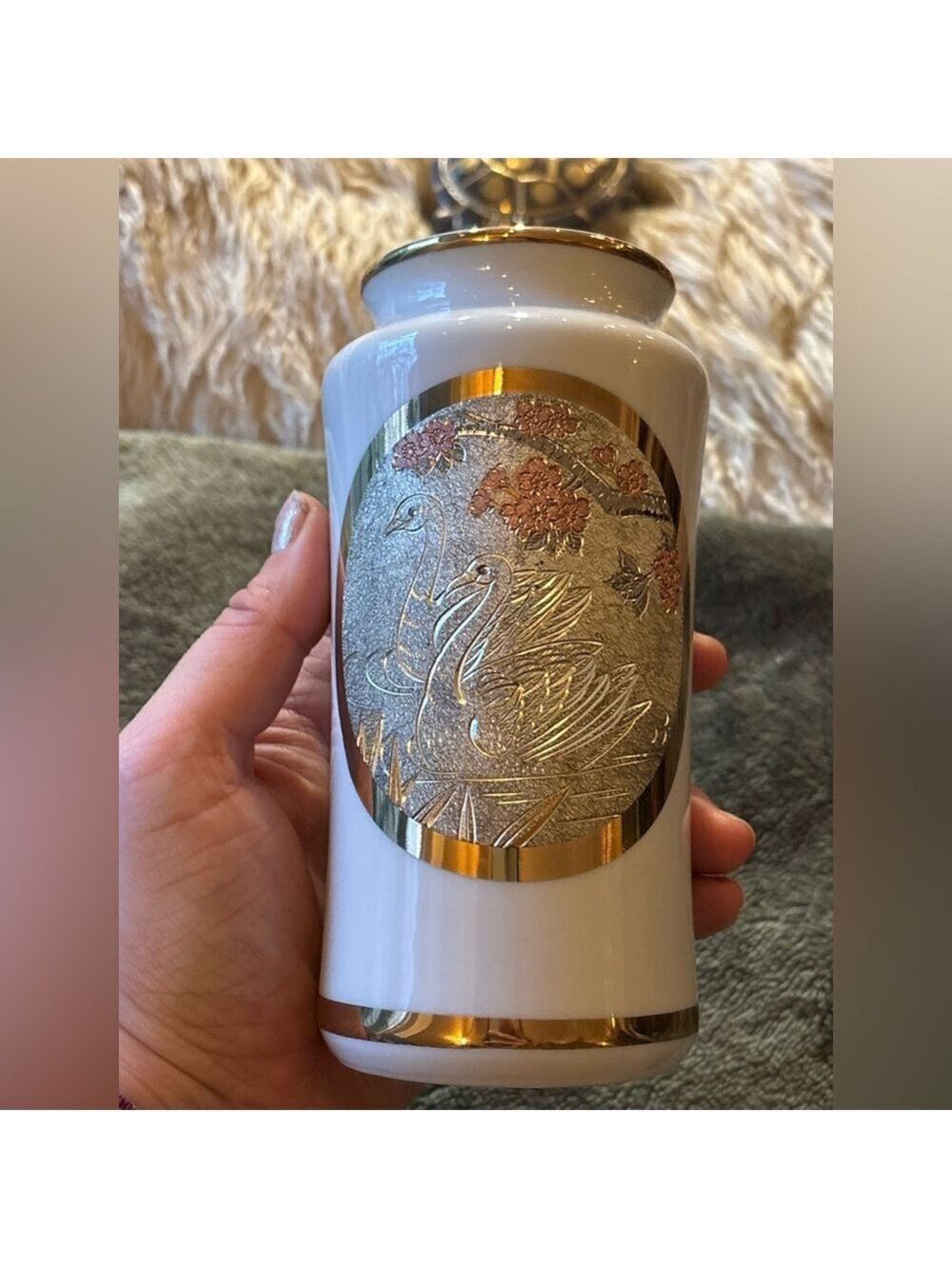 VINTAGE Japanese Chokin Art Vase • 24K Gold Swan Relief • Porcelain • EUC - Picture 4 of 15